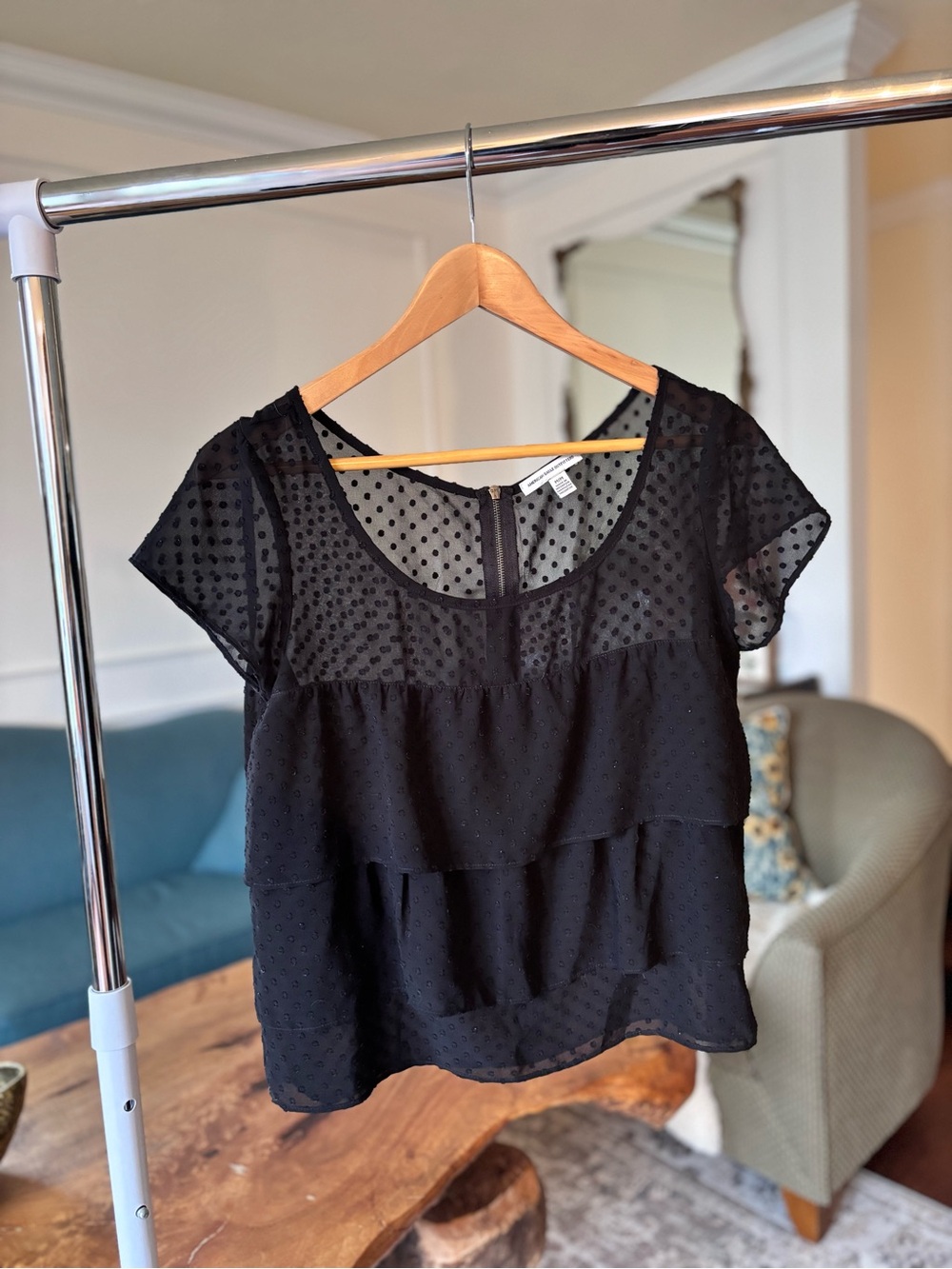 American Eagle Outfitters Black Sheer Dot Ruffle Blouse